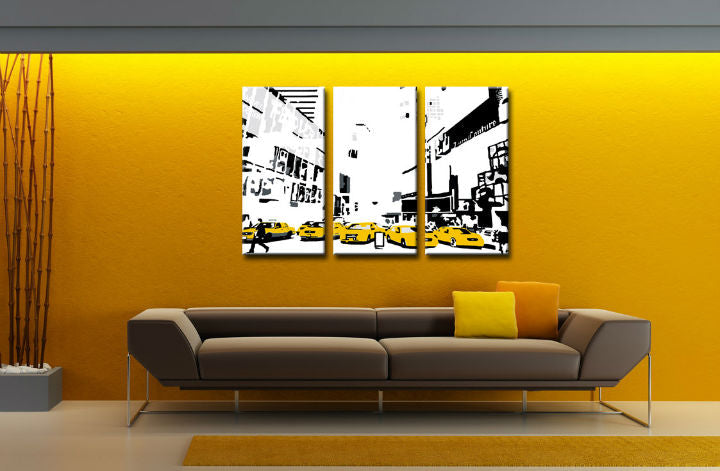 Pop art tablou pe pânză cu motivul NEW YORK în gri-galben nuanțe agățat în interiorul birou, atmosferă energică | POP Art pictat manual tablou NEW YORK – interior