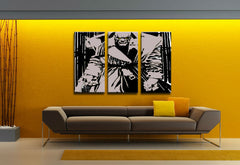 Pop art tablou pe pânză cu motivul Killer with yellow eyes în alb-negru nuanțe agățat în interiorul birou, atmosferă intensă, cultură pop – interior