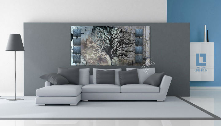 Modern tablou pe pânză cu motivul copac, ramuri, peisaj, natură în maro-albastru nuanțe agățat în interiorul sufragerie, atmosferă melancolică – interior